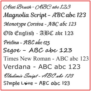 K&ouml;nnte beinhalten: Eine Liste verschiedener Schriftarten mit dem Text "ABC abc 123", der in jeder Schriftart geschrieben ist. Die Schriftarten umfassen Alex Brush, Magnolia Script, Monotype Corsiva, Old English, Pristina, Segoe, Times New Roman, Verdana, Vladimir Script und Simple Love.