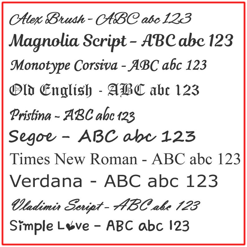 K&ouml;nnte beinhalten: Eine Liste verschiedener Schriftarten mit dem Text "ABC abc 123", der in jeder Schriftart geschrieben ist. Die Schriftarten umfassen Alex Brush, Magnolia Script, Monotype Corsiva, Old English, Pristina, Segoe, Times New Roman, Verdana, Vladimir Script und Simple Love.
