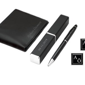 Juego de billetera, gemelos y bolígrafo personalizados - Negro / Nombre personalizado grabado