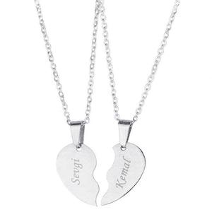 Personalized Silver Color Puzzle Heart Necklace Set For Couples / Custom Engraved Name