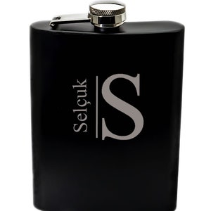 Personalized Flask Black Stainless Steel / Custom Engraved Name and Letter
