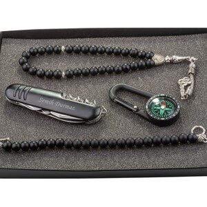 Personalized Compass, Pocketknife, Rosary and Bracelet Set - Black / Custom Engraved Name