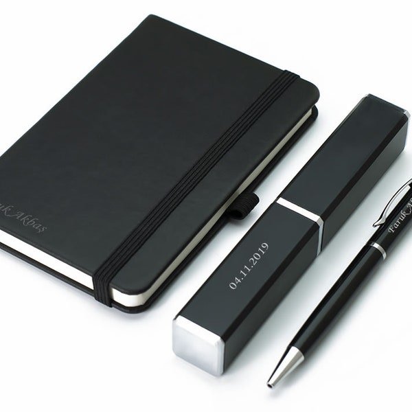 Custom Notebook and Box Pen Set - Black / Personalized Name Engraved