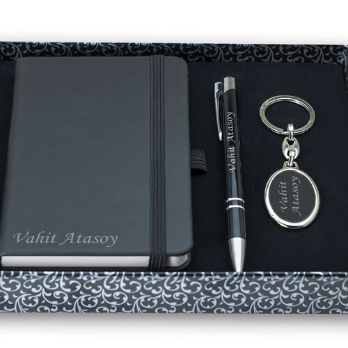 Custom Notebook Pen and Keychain Set Black / Personalized Etsy