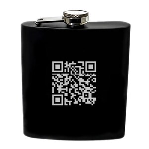 May include: Black stainless steel hip flask with a silver top and a laser-etched QR code.