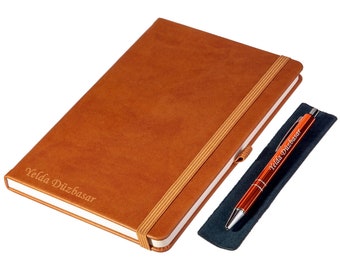 Custom Notebook and Pen Set - Tan / Personalized Name Engraved