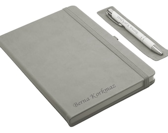 Custom Notebook and Pen Set - Gray / Personalized Name Engrave