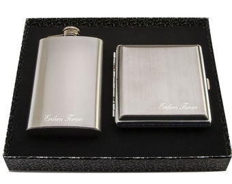 Personalized Flask and Cigarette Case Stainless Steel  / Custom Engraved Name