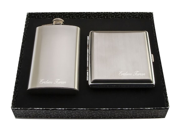 Personalized Flask and Cigarette Case Stainless Steel / Custom Engraved  Name