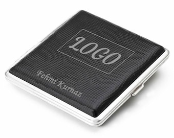 Cigarette Case Personalized Leather Black  / Custom Logo and Name Engraved