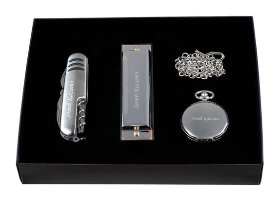 Personalized Harmonica, Pocket Watch and Pocketknife Set  / Custom Engraved Name
