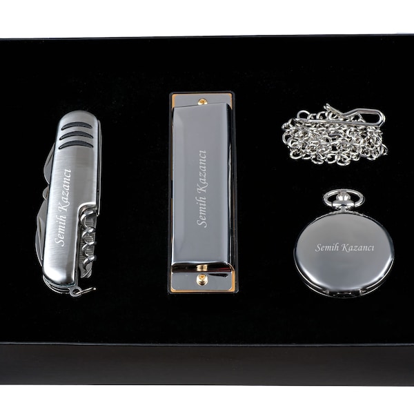 Personalized Harmonica, Pocket Watch and Pocketknife Set  / Custom Engraved Name