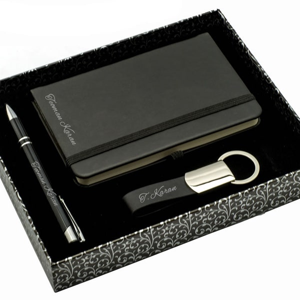 Custom Notebook, Pen and Keychain Set - Black / Personalized Name Engraved