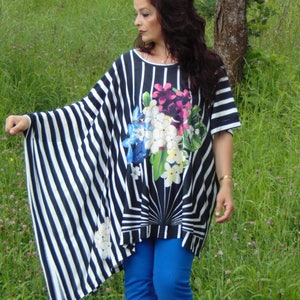 Striped Top/Flowers tunic top/Asymmetrical Tunic Top/Loose Tunic/Plus size Top/Oversized Top/Tunic Dress /Maxi Top/Boho Chic Top/Casual Top/