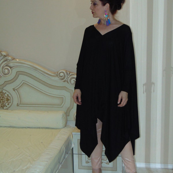 NOUVELLE COLLECTION Robe tunique ample oversize à col en V/Tunique noire asymétrique/Tunique dos nu/Tunique noire de fête/Tunique élégante/Top/All -Us Uk