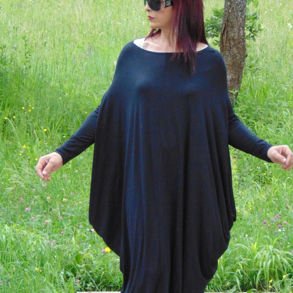 Black dress/Party dress/Maxi dress/Plus size dress/Oversize dress/Draped dress/Day waer dress/Dress long sleeves/Casual dress/Viscose dress