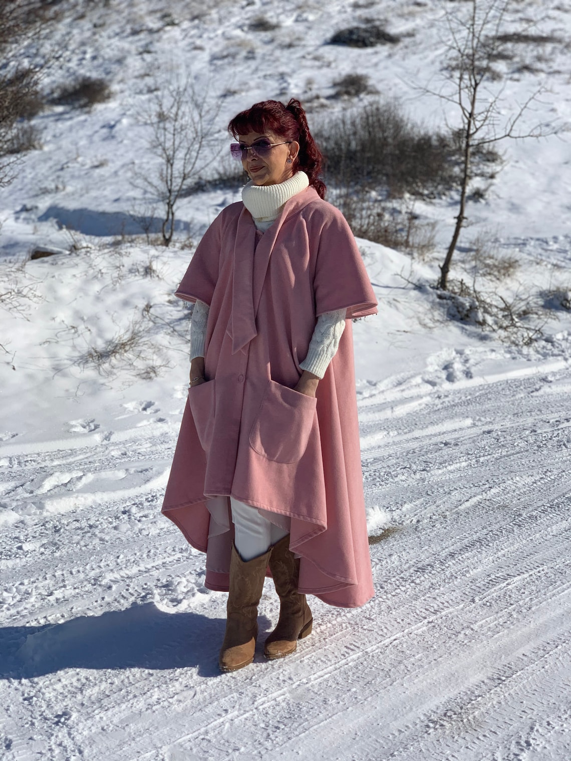 Flare pink coat/Plus size coat cape/Winter wrap coat/Hooded Etsy