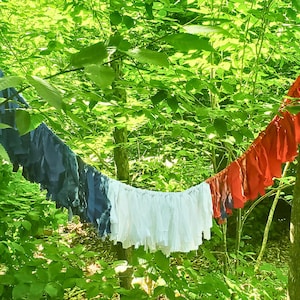 Puede incluir: Una colorida guirnalda de tela en rojo, blanco y azul, tendida entre árboles. La guirnalda está hecha de tela con volantes, creando una exhibición festiva y decorativa. El fondo está lleno de exuberante follaje verde.