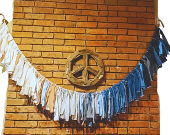 Ghirlanda di lusso per glamping fatta a mano - Tonalità di blu in lino, striscione in tessuto boho, decorazioni per feste all'aperto, sfondo per matrimoni, cameretta dei bambini