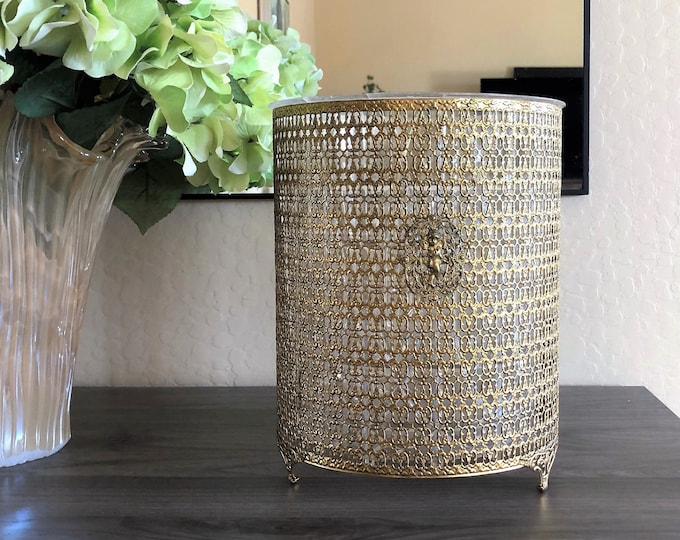 Vintage Gold Metal Trash Can, Hollywood Regency Décor, Gold Trash Can