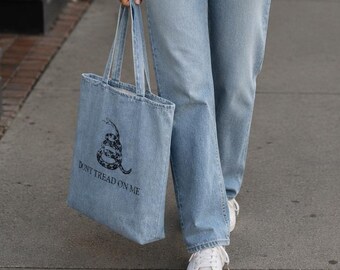 Vintage Denim Tote Bag – "Don't Tread on Me" Snake Graphic – Large Casual Bag