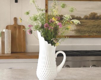 Vintage Hobnail Milk Glass Swung Pitcher Vase