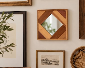 Vintage Chevron Wall Mirror, Geometric Wood Inlay Square Mirror