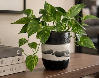 Vintage Studio Pottery Planter – Black, White & Gray Ceramic Indoor Plant Pot