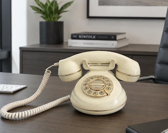 Vintage Cream Rotary Style Push Button Desk Telephone, Landline Phone