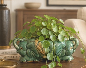 Vintage Green Ceramic Elephant Plant Pot, Cachepot Bowl Jardiniere Mid Century