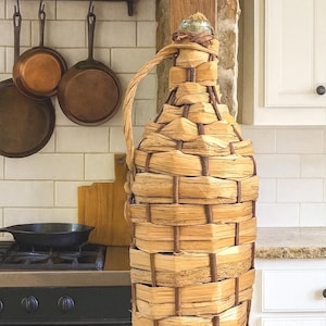 Large Aqua Glass Demijohn: Wicker Wrapped Wine Bottle, Farmhouse Kitchen Décor