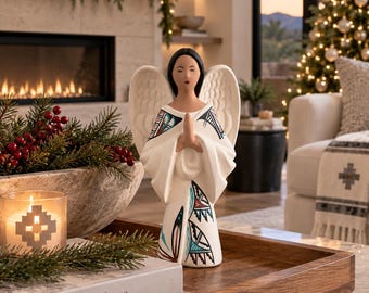 Vintage Hand Painted Southwestern Ceramic Angel Figurine, Y2K, Christmas Angel