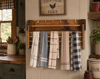 Vintage Wooden Dish Towel Holder Rack – Farmhouse Kitchen Organizer with Brass Hooks