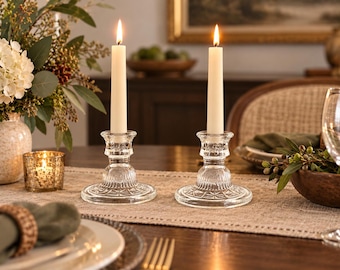 Antique Clear Glass Candle Holder, Sets Sold Individually, Double Arm Taper Candlestick Holder