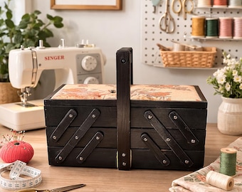 Vintage Wooden Accordion Sewing Box with Handle, Mid Century Sewing Basket Organizer