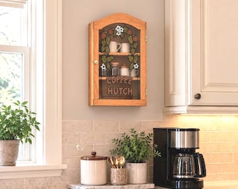 Vintage Wooden Wall Cabinet with Faux Stained Glass Door, Coffee Hutch