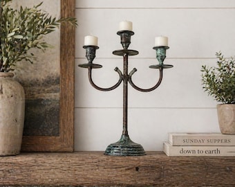 Rustic Three-Arm Metal Candelabra with Green Patina & Rust Finish