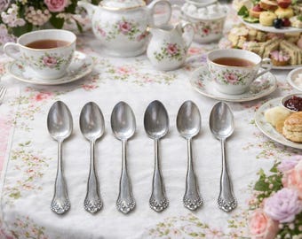 Antique Rogers Silver Plated Teaspoon Set of 6, Floral Pattern Beaded Edge Flatware