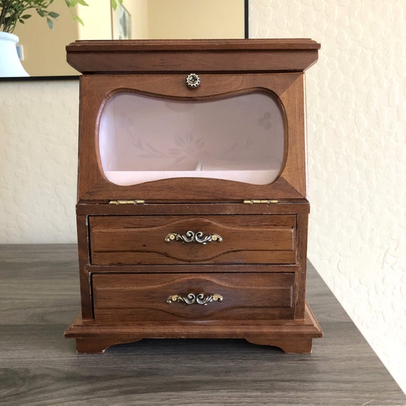 Vintage Wood Jewelry Box with Drawers, Antique Woo