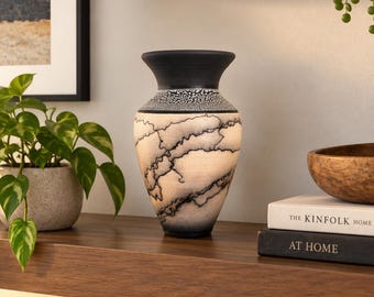 Vintage Horsehair Pottery Vase, Black & Beige, 9.5" Tall, Southwestern Style Decor