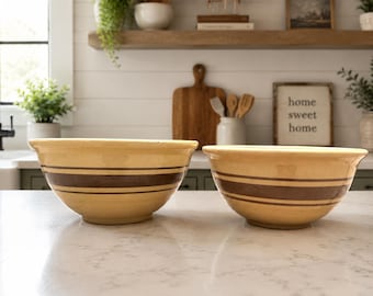 Vintage Yellow Ware Mixing Bowl Set of 2, Brown Stripe, Farmhouse Kitchen