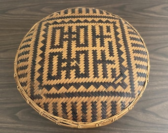 Vintage Asian Handmade Bamboo Basket | Round Woven Storage Basket with Lid