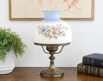 Vintage Floral Milk Glass Lamp Shade – Scalloped Edge, Pink Blue Flowers (9 3/4" Diameter)
