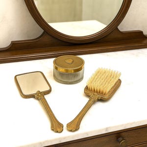 Vintage Gold Vanity Hand Mirror and Bristle Brush Set with Glass Powder Jar, 3 Piece Set, Antique  Dressing Table Metal Mirror and Brush Set