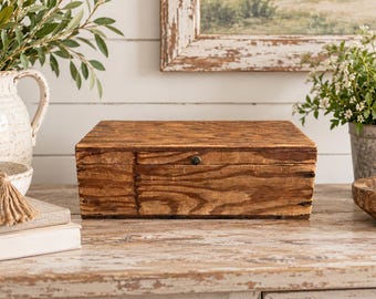 Handmade Primitive Wooden Hinged Box, Rustic Farmhouse Storage