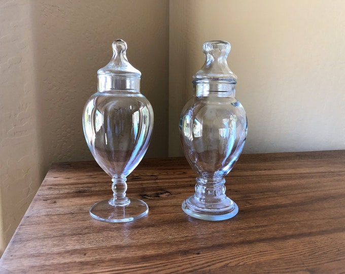 2 Vintage Glass Apothecary Jars With Lids, Large Clear Glass Apothecary