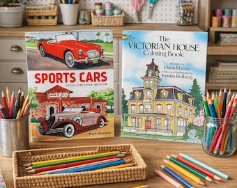 Set of 2 Vintage Adult Coloring Books – Sports Cars & The Victorian House