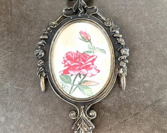Vintage Italian Frame with Original Floral Watercolor, Miniature Rose Wall Art Signed
