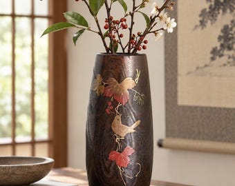 Ikebana Wooden Vase with Bird & Leaf Pattern, 11 1/2" Vintage Japanese Flower Vase