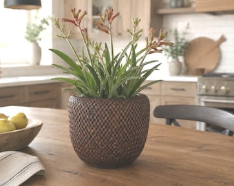 Vintage Dark Brown Asian Woven Basket, Handwoven Planter, Boho Rustic Home Decor